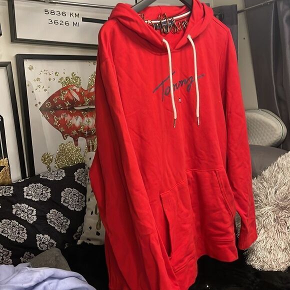 Plus soze 2xl/xxl tommy hilfiger red classic logo pullover hooded sweatshirt - Picture 4 of 5